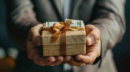 Businessman holding a gift box with a ribbon and money in his handsの素材