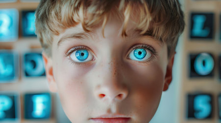 Portrait of a boy with blue eyes looking at the camera.の素材