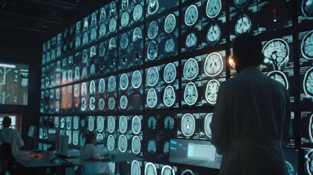 Doctor looking at x-ray image of brain, brain, nervous systemの素材