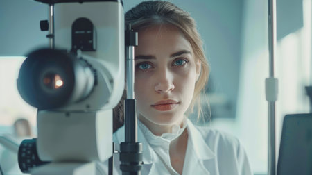 Female optometrist looking at camera in ophthalmological laboratoryの素材