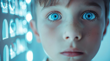 Portrait of a boy with blue eyes looking at the camera.の素材