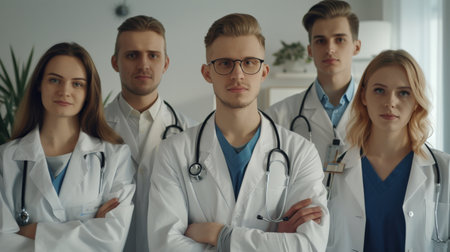 Group of doctors standing in a row and looking at the camera.の素材