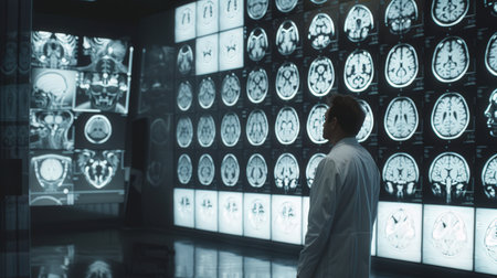 Doctor looking at x-ray image of brain in the hospital.の素材