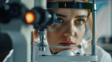 Close-up of a young female scientist looking through a microscope.の素材