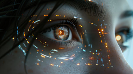 Close up of female eye with glowing digital circuit. 3D renderingの素材