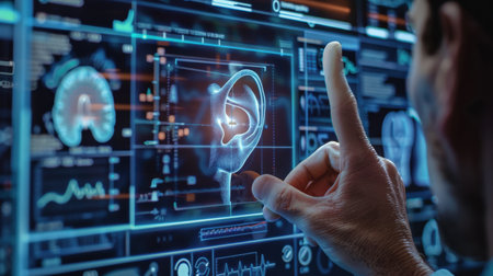 Close up of businessman touching virtual screen with finger. Future technology conceptの素材