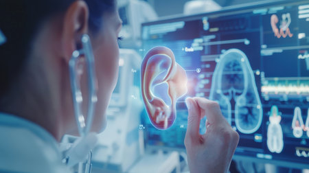 Female doctor using digital x-ray of human ear. 3d renderingの素材