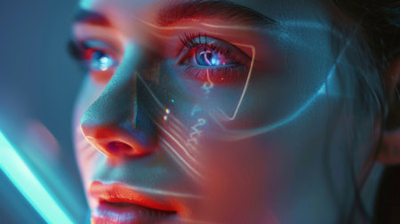 3d illustration of a female face with neon light on it.の素材