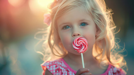 Portrait of a cute little girl with a lollipop.の素材
