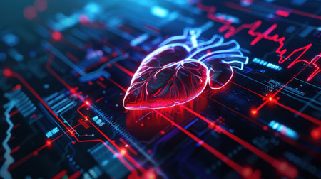 3d rendering of human heart on circuit board background. Medicine and healthcare conceptの素材