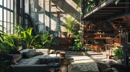 Interior of a modern living room in a loft style with plantsの素材