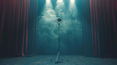 Stage with red curtains and spotlights. 3d render illustration.の素材