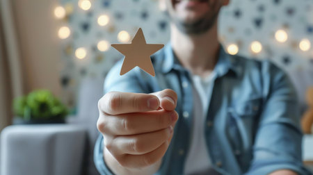 Man holding star on blurred background, closeup. Star rating conceptの素材