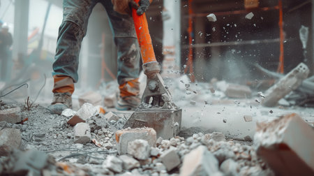 construction worker using a trowel to demolish a buildingの素材