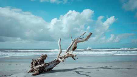 Dead tree on the beach with blue sky and white clouds background.の素材