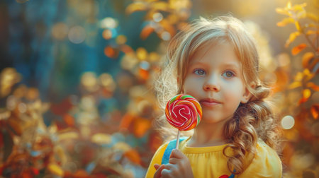 Cute little girl with lollipop in the autumn park.の素材