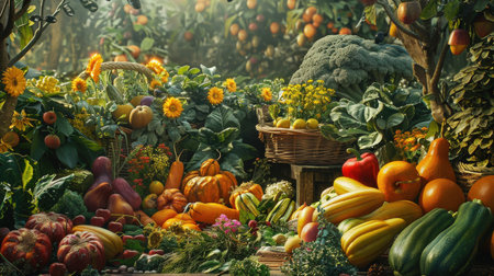 Autumn still life with pumpkins, squash, apples and flowersの素材