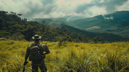 Hiking in the highlands of Sri Lanka. Man with a backpack standing on the top of the mountain.の素材