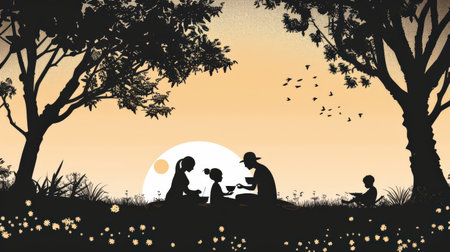 Silhouette of family in the park at sunset. Vector illustration.の素材