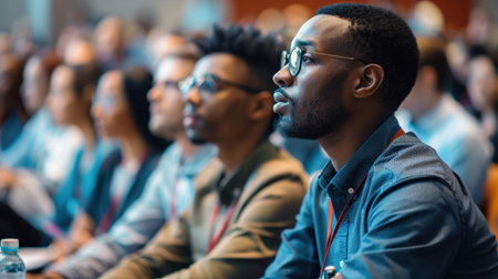 Side view of african american businessman in eyeglasses listening to lecture in conference hallの素材