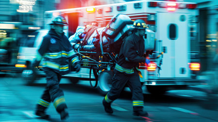 Ambulance emergency car in motion blur on the road during a fireの素材