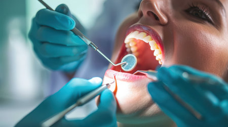 Dentist examining patient's teeth at dental clinic. Dentistry concept.の素材