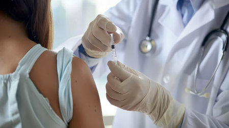 Doctor in white gloves holding syringe with drug. Vaccination and immunization concept.の素材