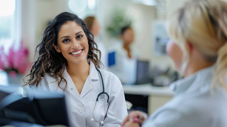 Portrait of smiling female doctor with stethoscope looking at camera in clinicの素材