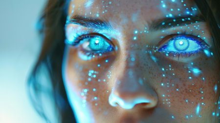 Close-up portrait of a beautiful girl with blue eyes and blue makeupの素材