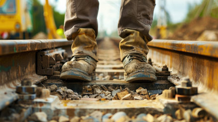 Close-up of a man's legs on a railway track.の素材