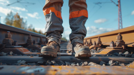 Close-up of a person standing on the rails of the railwayの素材