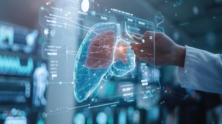 View of a Businessman holding a 3d rendering human heart interfaceの素材