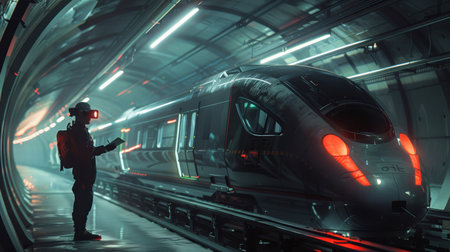 Young man in virtual reality helmet looking at high speed train in underground stationの素材