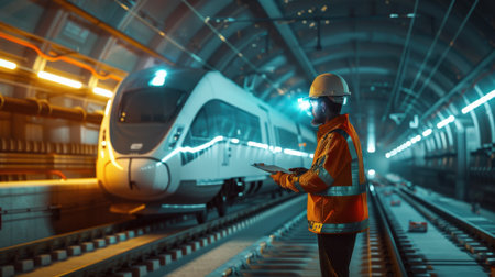 Railway station worker holding tablet and looking at the train at nightの素材