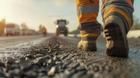 Worker in a yellow uniform and boots on the road, close-upの素材