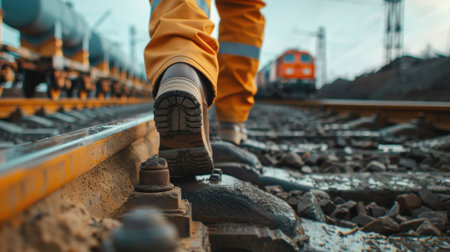 Close-up of the feet of a worker walking on the railway tracks.の素材