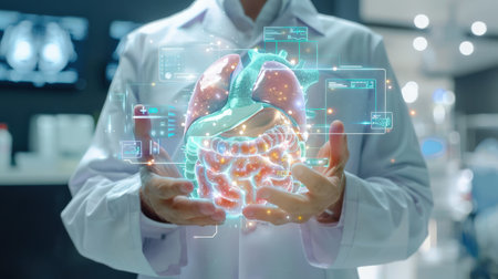 Doctor on blurred background using digital x-ray scan of human kidney 3D renderingの素材