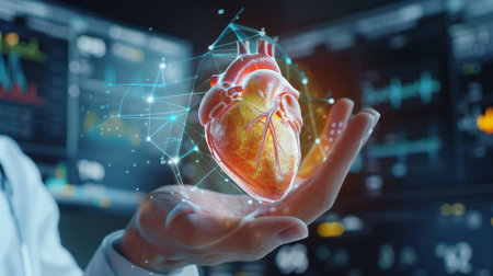 Heart in human hand as medical concept. 3d rendering toned image double exposureの素材
