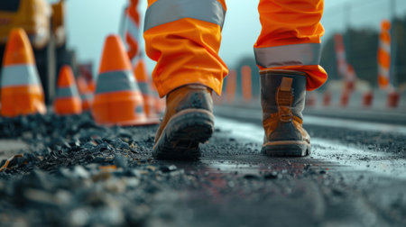 Worker at road construction site. Close up of construction worker walking on asphalt road.の素材