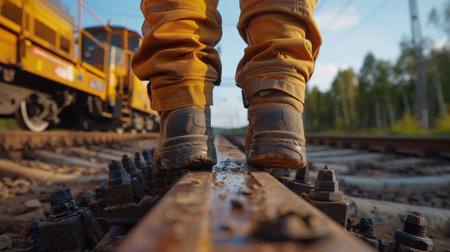 Close-up of the feet of a man walking on the rails of the railwayの素材