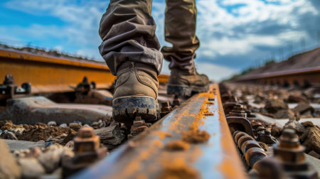 Close up of man's feet walking on railroad track. Selective focus.の素材