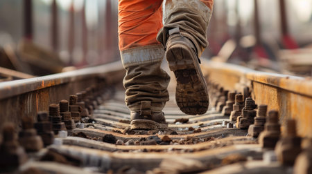 Close up of the feet of a worker walking on the railway trackの素材