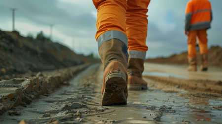 Low section of worker walking on road at construction site. Close upの素材