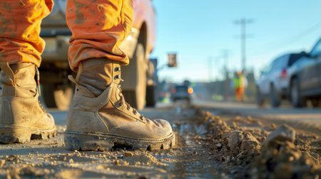 Worker in rubber boots on a road construction site. Selective focus.の素材