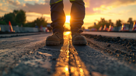 Close-up of a man's legs walking on the road.の素材