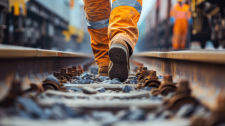 Railway worker walking on railroad tracks. Transportation and logistics concept.の素材