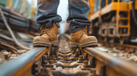 Close up of man walking on railway track. Selective focus.の素材