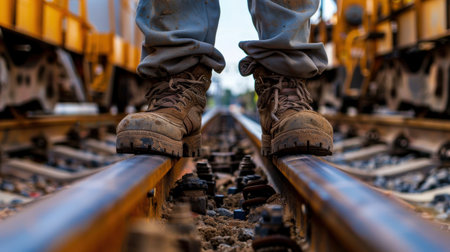 Close up of man's feet walking on railway tracks. Selective focus.の素材