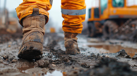 Close-up of construction worker feet in boots standing on muddy groundの素材