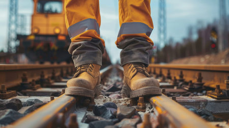 Worker standing on railway tracks, close-up of legs.の素材